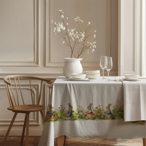 Ujęcie z boku stołu pokazujące powtarzający się wzór zajączków wzdłuż krawędzi obrusu