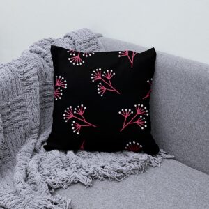 Detal wzoru z różowymi gałązkami i małymi białymi kropeczkami, poduszka na szarej sofie