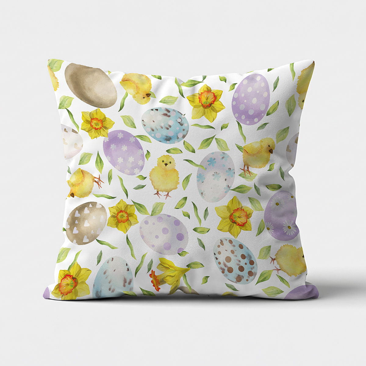 Poduszka z przodu z wzorem akwarelowych pisanek, kurczaczków i żonkili na jasnym tle