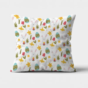 Poduszka z wiosennym wzorem z zajączkami, jajkami i żonkilami na białym tle