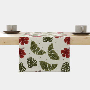 Główne ujęcie bieżnika z motywem zielonych liści i czerwonych hibiskusów na kremowym tle