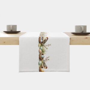 Bieżnik z centralnym motywem ptasich gniazdek i kolorowych pisanek na jasnym tle