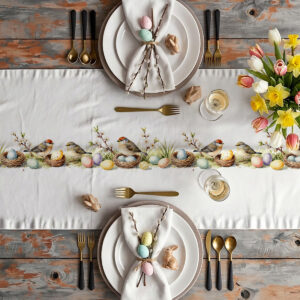 Aranżacja stołu ze świątecznym bieżnikiem, talerzami, złotymi sztućcami i bukietem wiosennych kwiatów