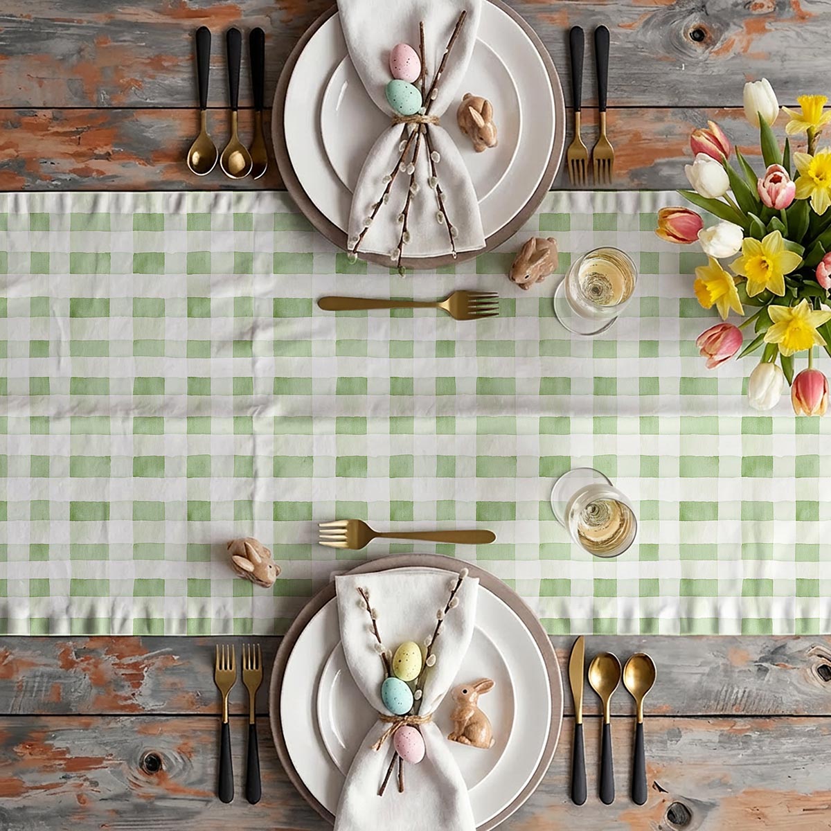 Aranżacja wielkanocnego stołu z bieżnikiem, talerzami, tulipanami i dekoracjami