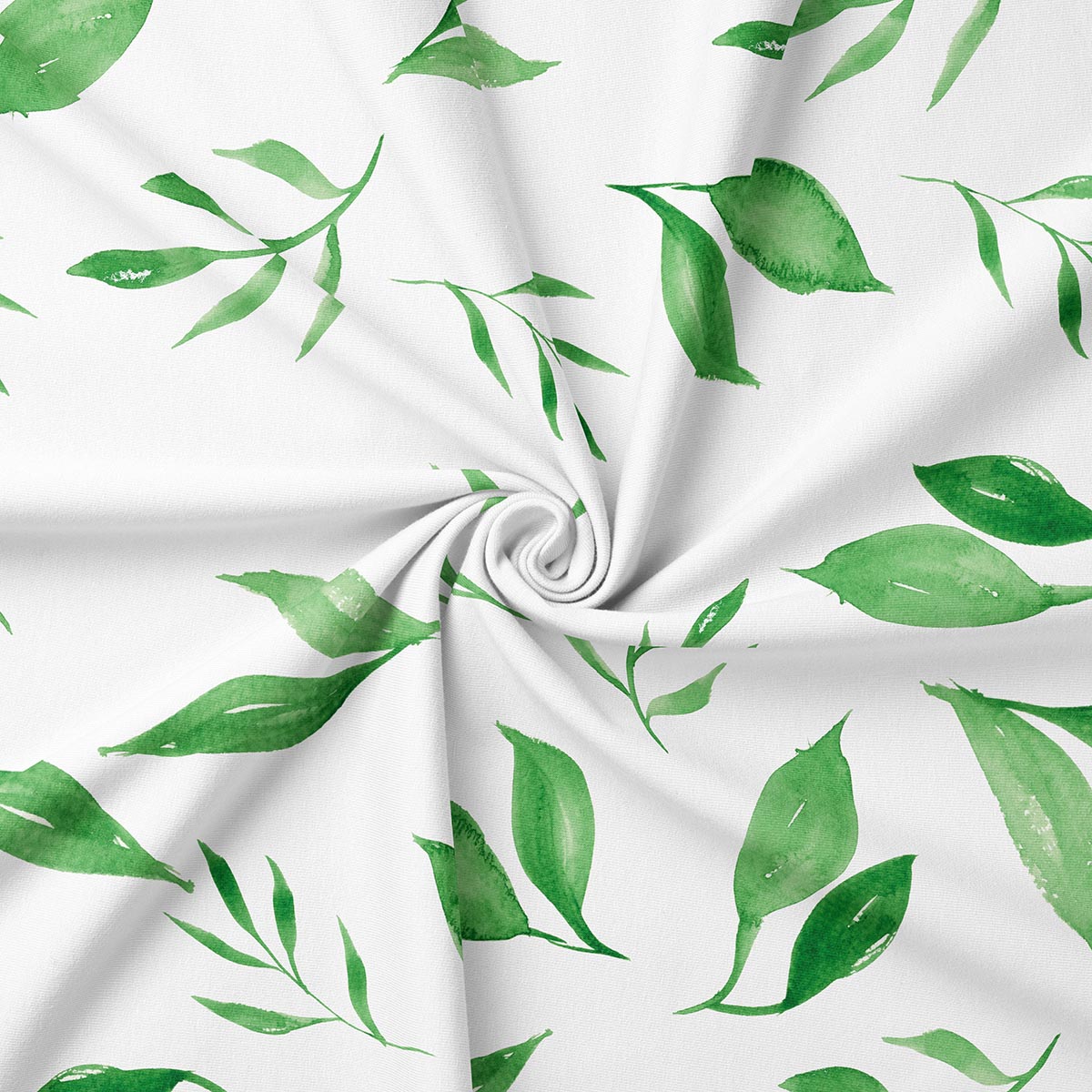 Zbliżenie na fakturę tkaniny i akwarelowe pociągnięcia pędzla tworzące liście