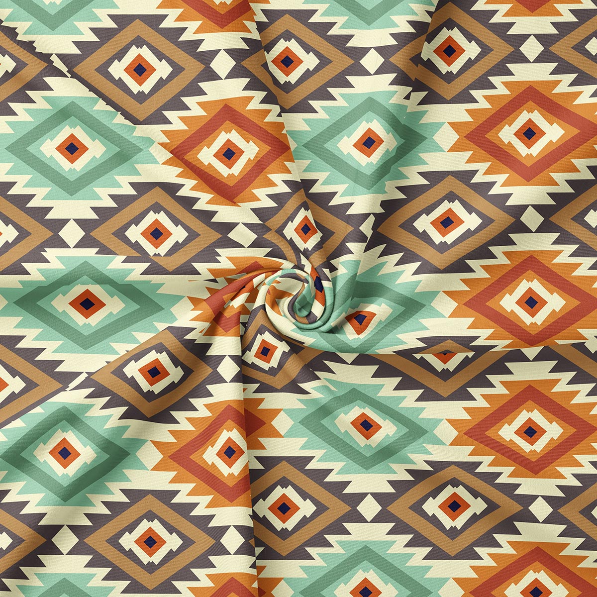 zbliżenie tkaniny pokazujące miętowo-terakotowe romby i fakturę materiału