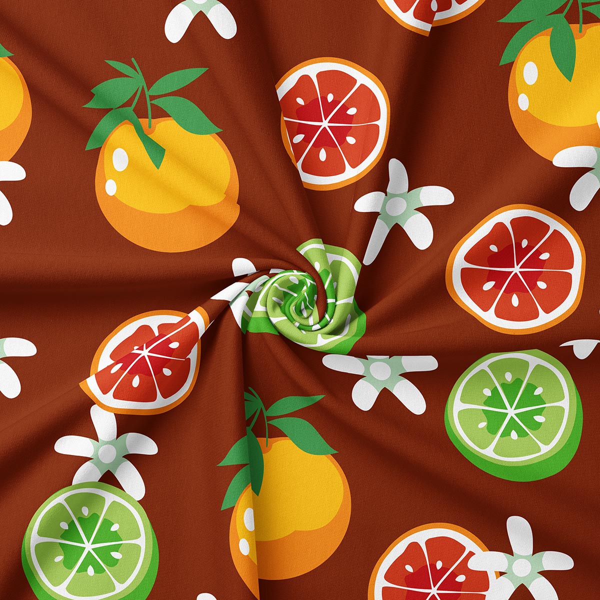 Zbliżenie na tkaninę z plasterkami cytrusów i białymi kwiatami, widoczna faktura materiału