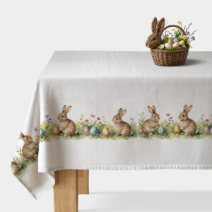biały obrus z pasem motywu zajączków i kolorowych pisanek ułożony na stole