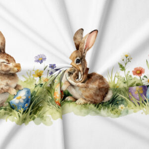 zbliżenie na detal tkaniny z ilustracją zajączka, pisanek i kwiatów