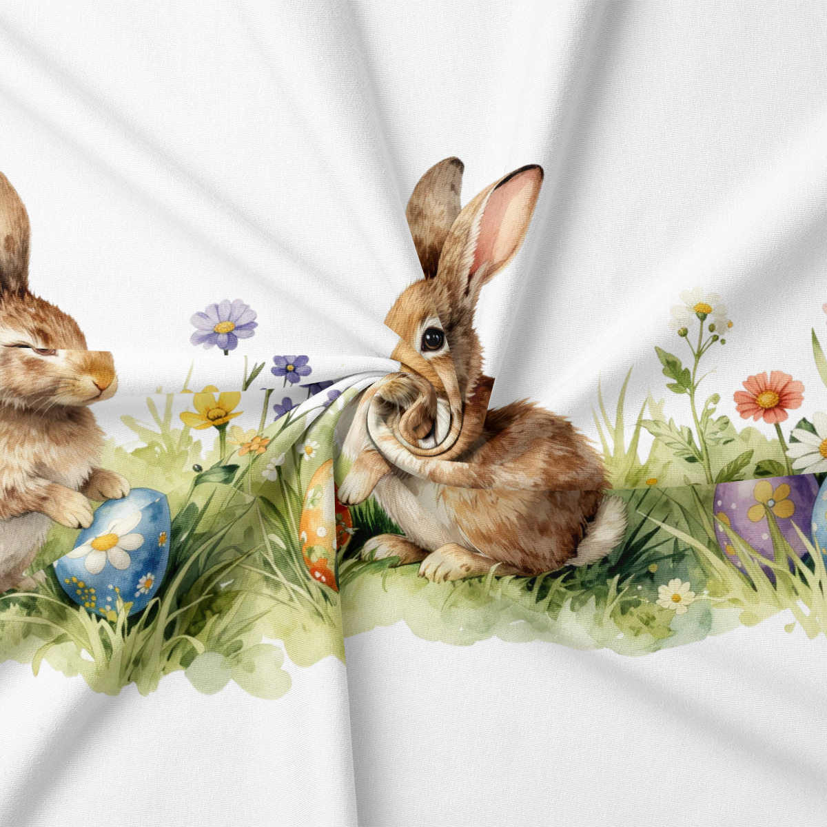 zbliżenie na detal tkaniny z ilustracją zajączka, pisanek i kwiatów