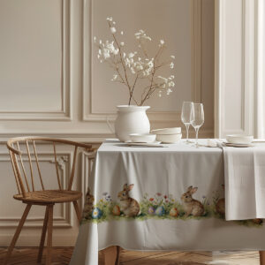 klasyczne wnętrze z nakrytym świątecznym obrusem ozdobionym motywem zajączków