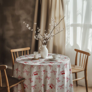 Aranżacja stołu z wazonem i filiżanką, obrus w kokardki i wisienki nadaje przytulny charakter