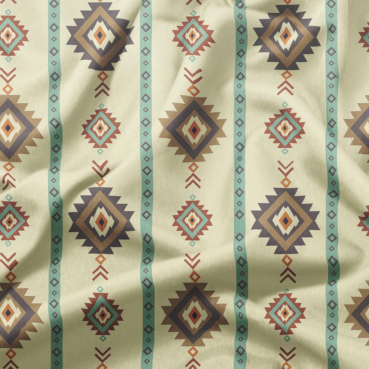 zbliżenie na geometryczne romby i miętowe pasy na tkaninie