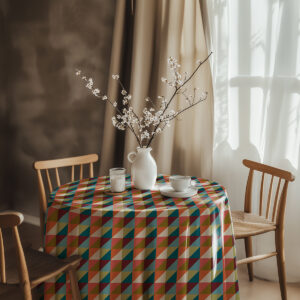 aranżacja jadalni z obrusem w ciepłych tonach i wazonem z gałązkami na środku stołu