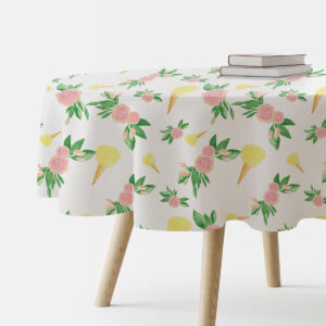 okrągły obrus z motywem akwarelowych róż i żółtych lodów na białym tle, ujęcie produktu