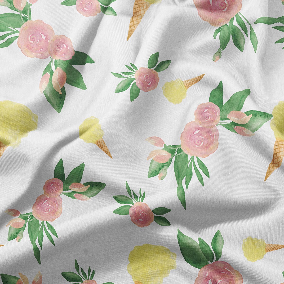 zbliżenie na tkaninę z akwarelowymi różami, zielonymi liśćmi i detalem żółtego rożka lodowego