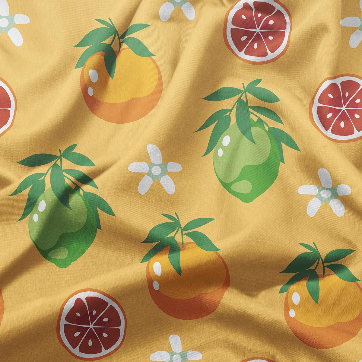 zbliżenie na tkaninę z detalem cytrusowych owoców i plasterków, widoczna struktura materiału
