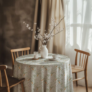 aranżacja stołu ze świątecznym obrusem i białym wazonem z kwitnącymi gałązkami