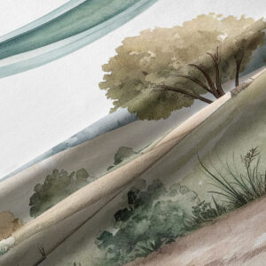 Zbliżenie na fakturę tkaniny i akwarelowe detale drzewa oraz traw w pastelowych odcieniach