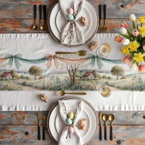 Aranżacja stołu z bieżnikiem, bukietem tulipanów, dekoracyjnymi jajkami i złotym sztućcem