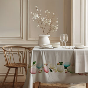 widok krawędzi obrusa z motywem różnobarwnych pisanek i zielonych listeczków