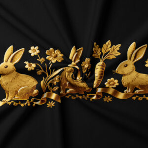 zbliżenie na złoty nadruk z zajączkami, marchewką i kwiatami na czarnej tkaninie