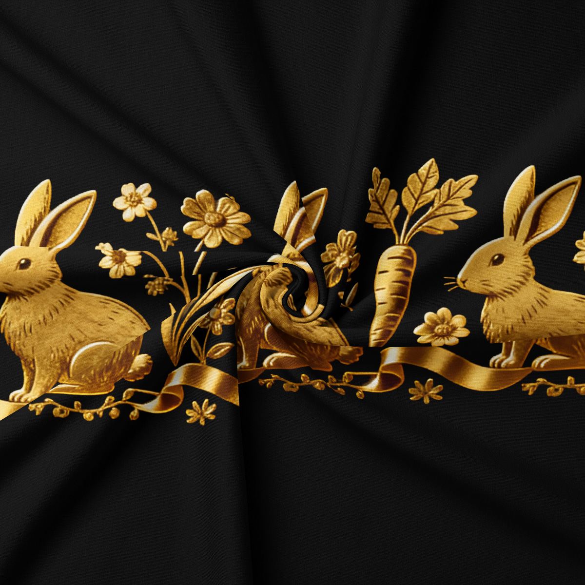 zbliżenie na złoty nadruk z zajączkami, marchewką i kwiatami na czarnej tkaninie
