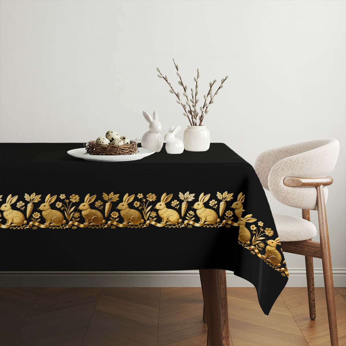 aranżacja stołu ze świątecznym obrusem, wiosenne dekoracje i porcelana