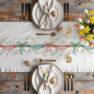 Aranżacja stołu ze świątecznym bieżnikiem, porcelana, sztućce i wiosenne kwiaty