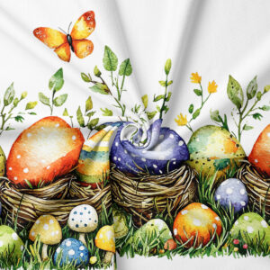 zbliżenie akwarelowych pisanek, gniazdek i trawy na tkaninie