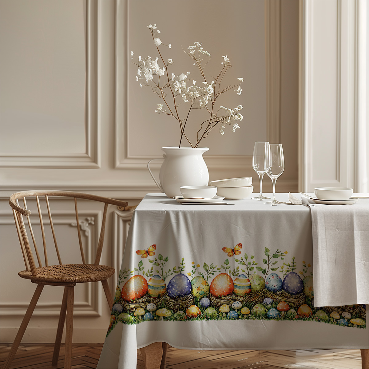 detal brzegu obrusu z motywem grzybków, liści i wielobarwnych jajek