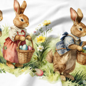 Zbliżenie na ilustrację króliczków i koszyczków z pisankami oraz fakturę tkaniny