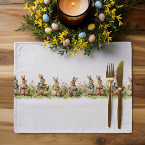 Podkładka ustawiona na drewnianym stole z wiosenną dekoracją i złotymi sztućcami