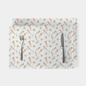 zestaw podkładek na białym tle z wzorem marchewek i stokrotek