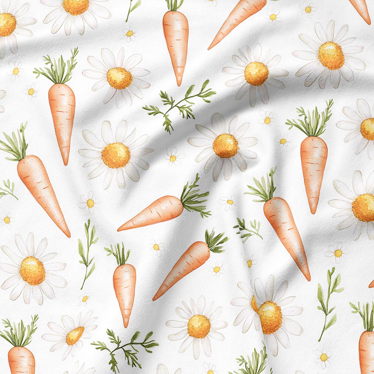 detal materiału z akwarelowymi marchewkami i białymi stokrotkami