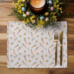 aranżacja stołu wielkanocnego z podkładką, świecą i ozdobnymi jajkami