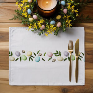 Aranżacja stołu z podkładką, złotymi sztućcami i dekoracyjnym wieńcem z pisanek