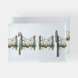 Podkładka z motywem malowanych pisanek na plecionym płotku, widok z góry