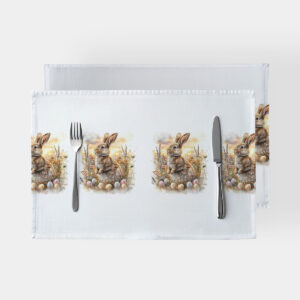 główne ujęcie dwóch białych podkładek z rzędem zajączków i pisankami