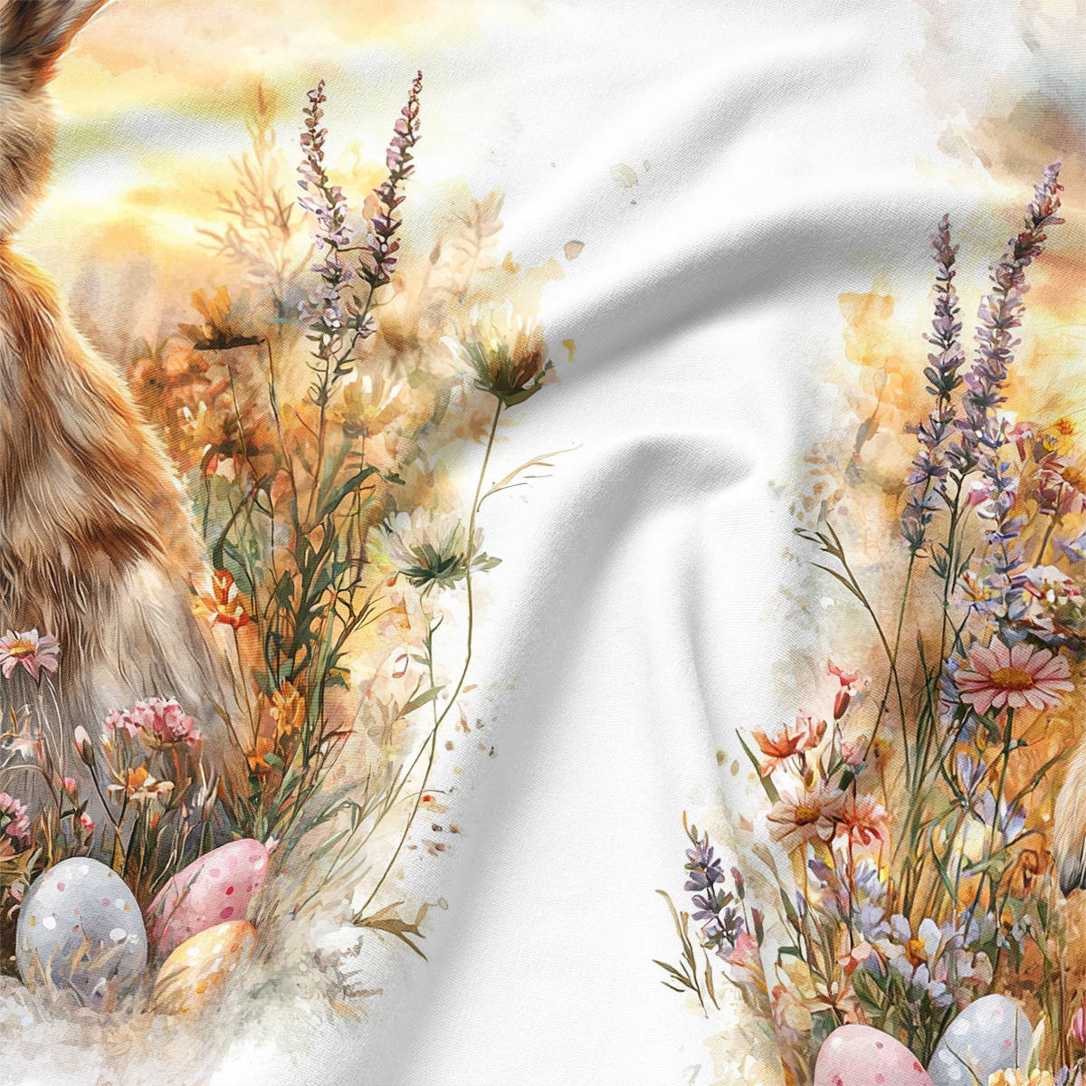 detal nadruku akwarelowego: króliczek w łące z kwiatami i pisankami