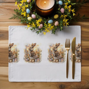 aranżacja świątecznego stołu z podkładką, sztućcami i wiosenną dekoracją z jajkami
