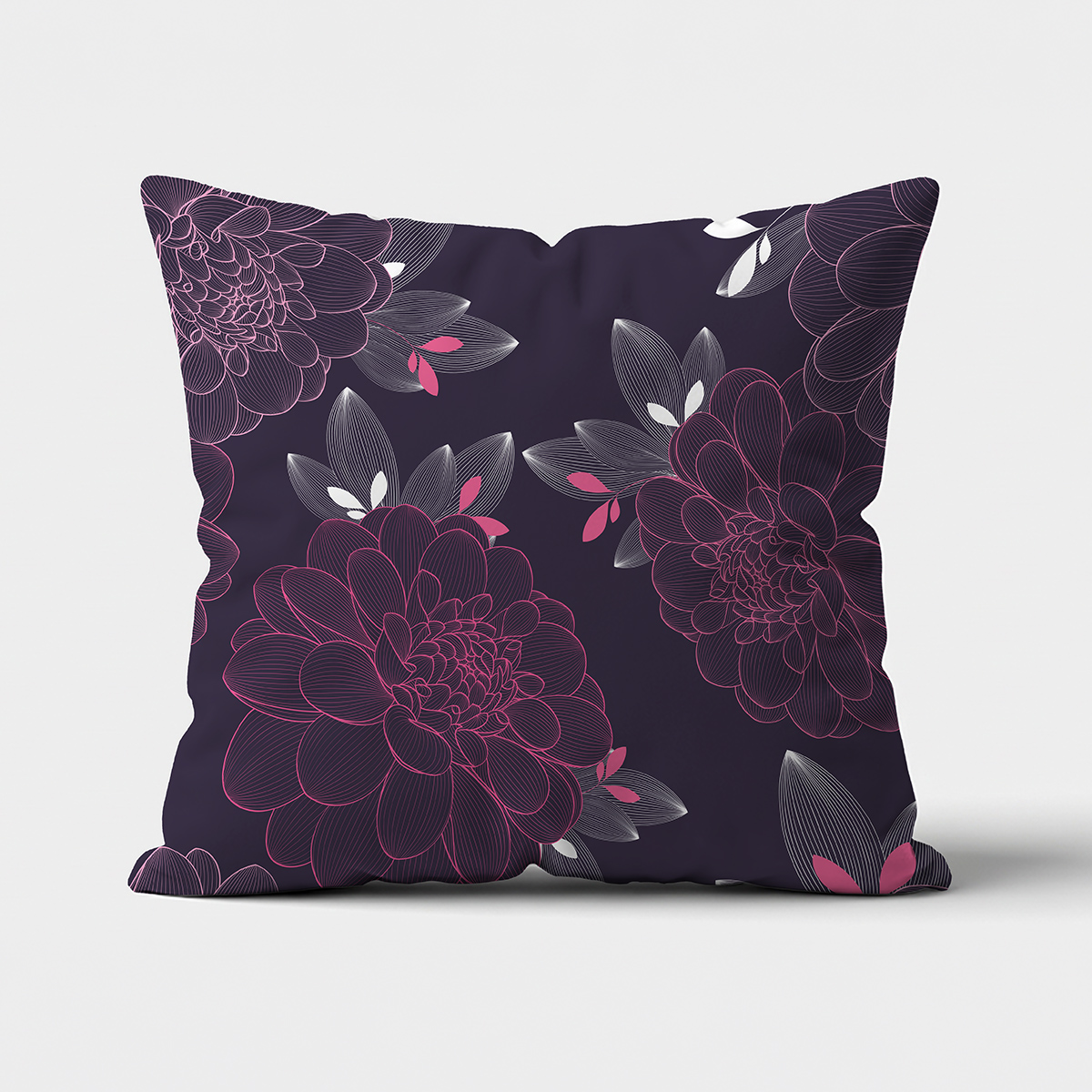 Główne ujęcie poduszki dekoracyjnej z granatowym tłem i konturowymi różowymi kwiatami