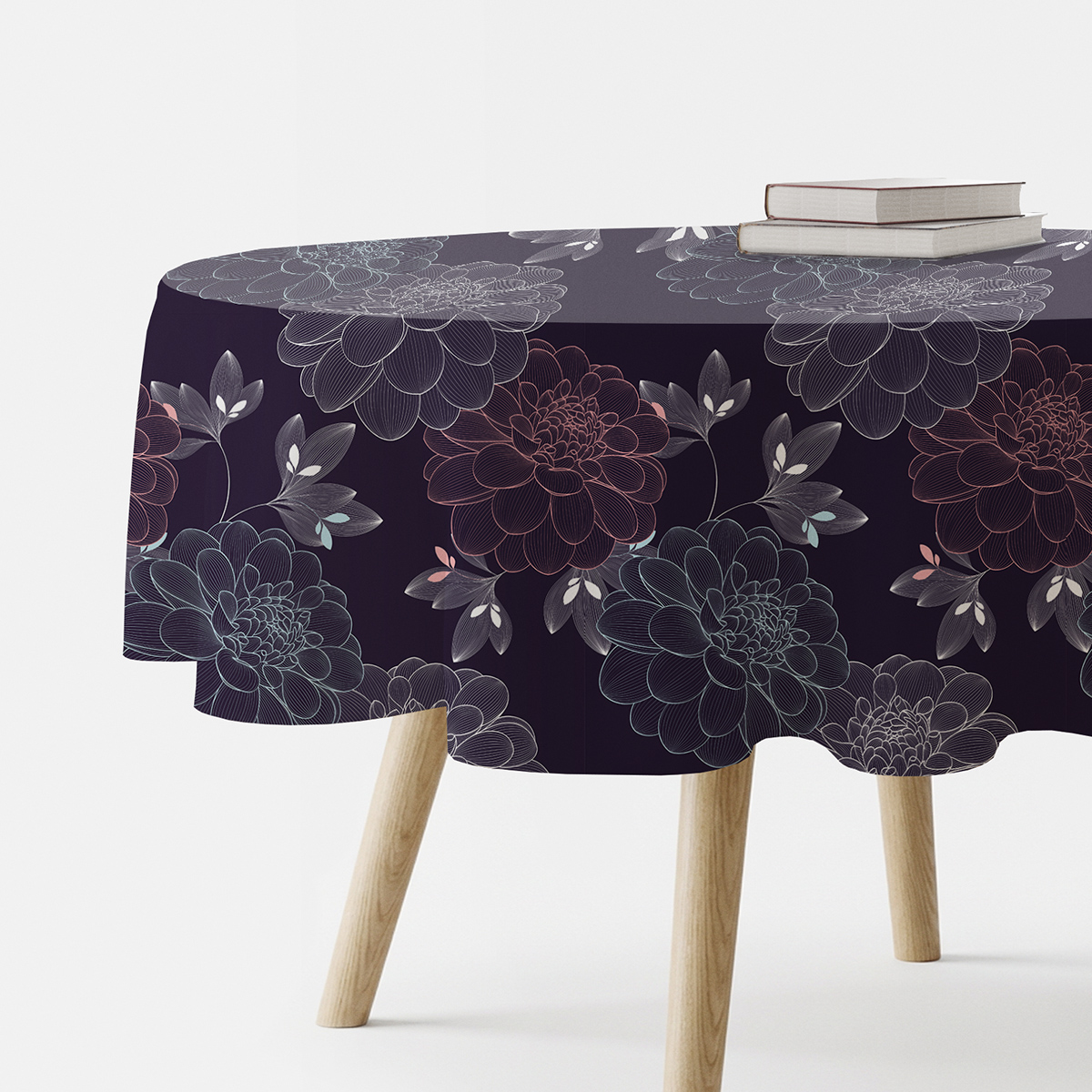 Obrus okrągły z granatowym tłem i delikatnymi konturowymi kwiatami