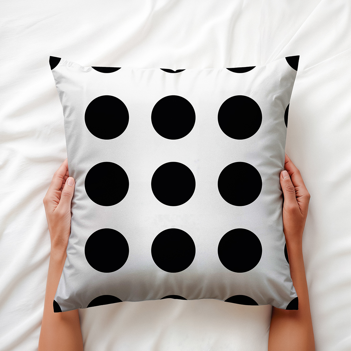 Ręce trzymające poduszkę ozdobną z czarnymi groszkami na łóżku — ujęcie aranżacyjne