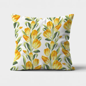 Poduszka z motywem żółtych tulipanów na białym tle, główne ujęcie produktu