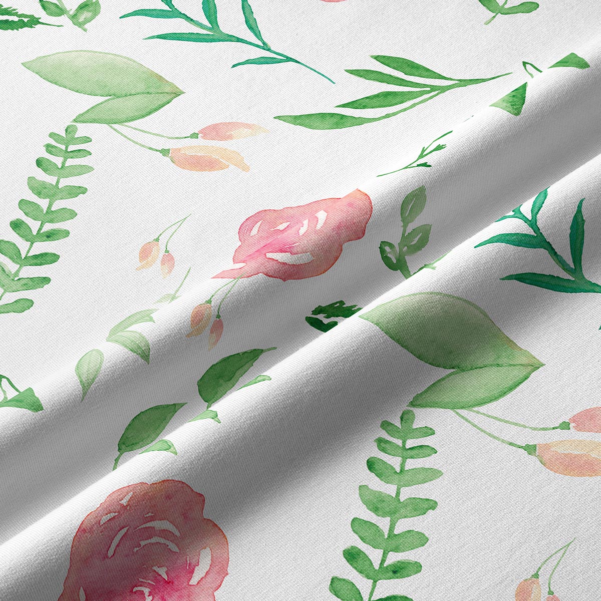 Detal tkaniny z motywem akwarelowych róż i zielonych liści