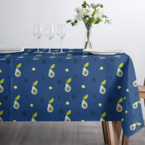 Detal wzoru pokazujący powtarzalne połówki awokado i drobne kwiatki na granatowym tle