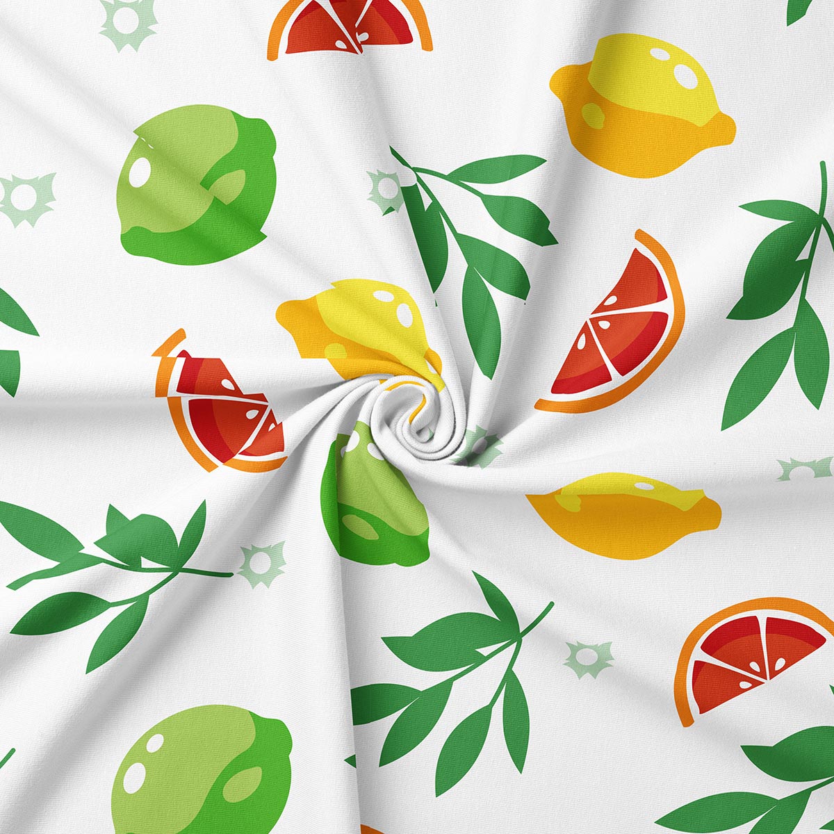 Zbliżenie materiału z nadrukiem cytryn, limonek i plasterków grejpfruta