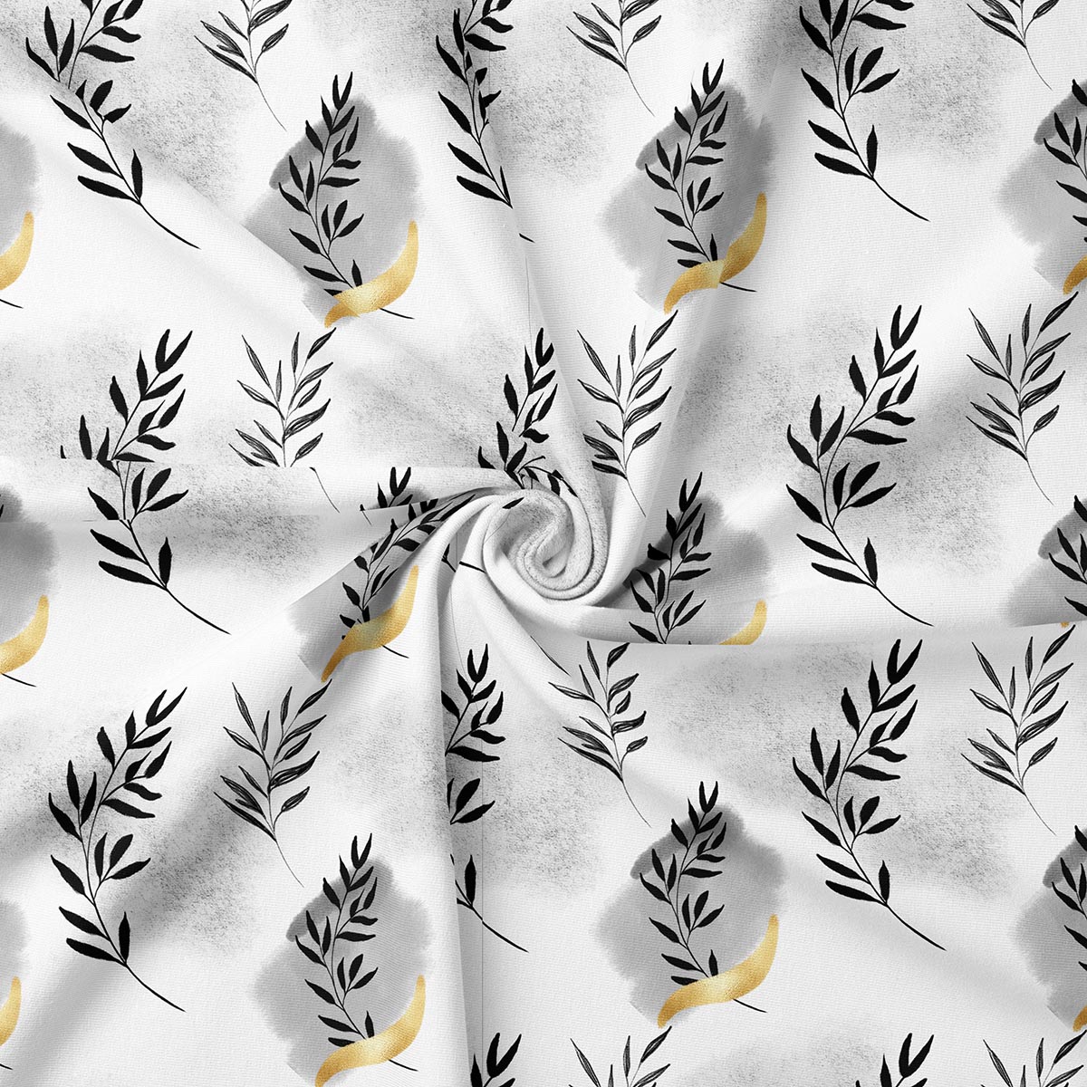 zbliżenie na wzór obrusu pokazujące czarne gałązki i subtelne złote elementy na jasnym tle