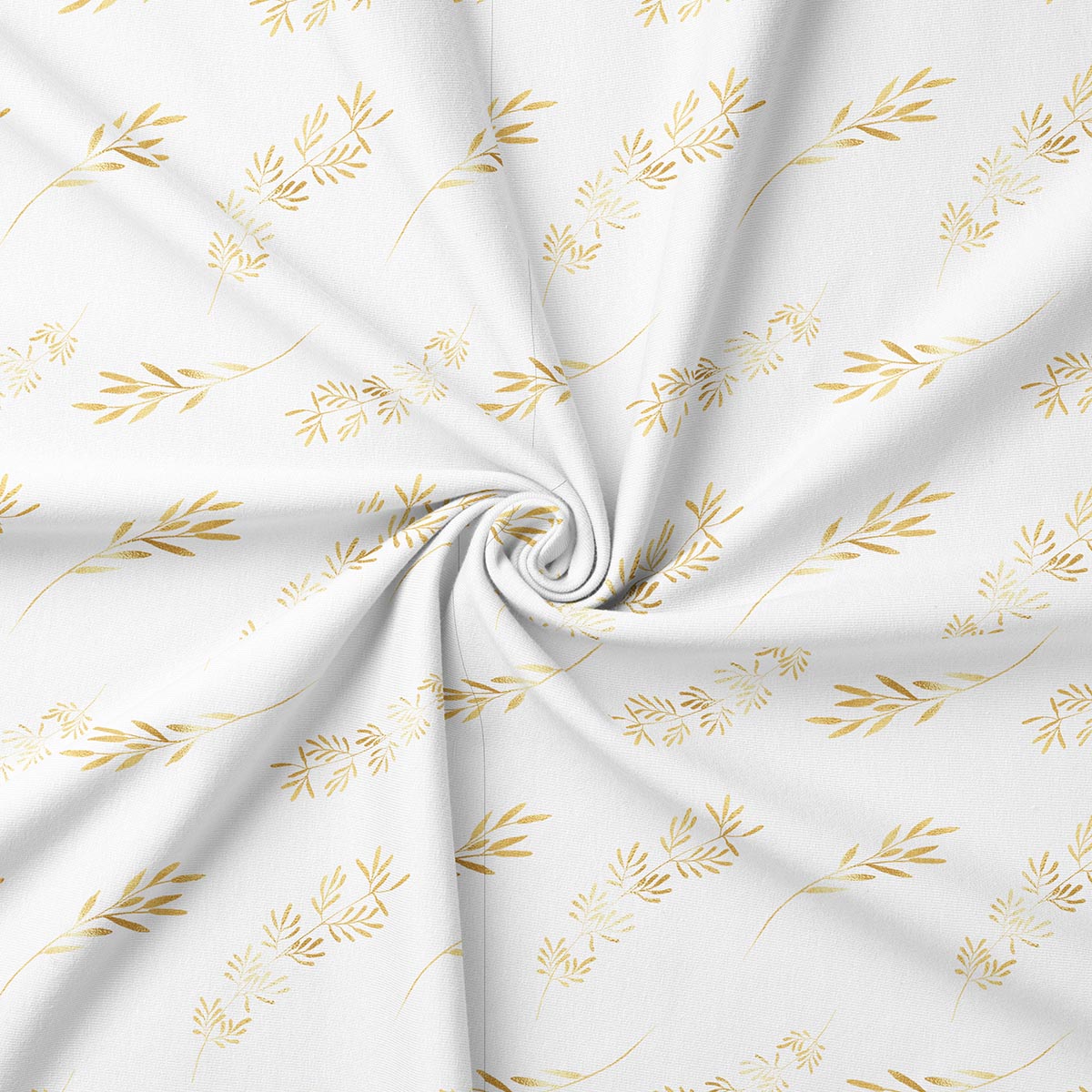 zbliżenie tkaniny pokazujące strukturę materiału i złote gałązki wzoru
